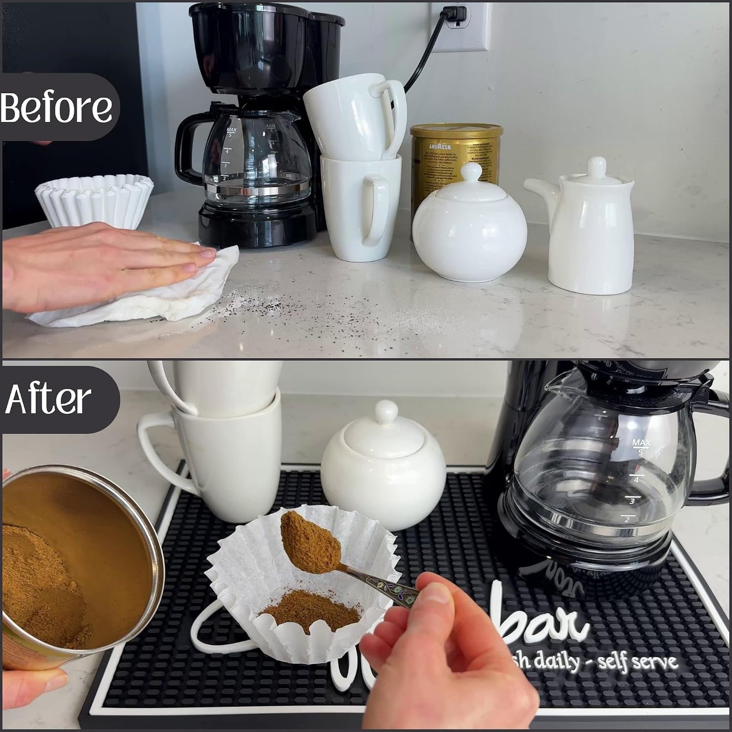 Brewed Fresh Daily Silicone Coffee Bar Mat 18x12 in, Self Serve Coffee Station Sign Mat, Hostess Gift, Farmhouse Kitchen Decor, Non-Slip Espresso Machine Mat, Barista Accessories