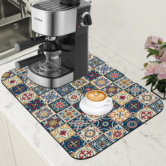 Dish Drying Mat Moroccan Tile Coffee Bar Mat for Countertop Absorbent Rubber Backed Hide Stain Dish Drainer Rack Pad Coffee