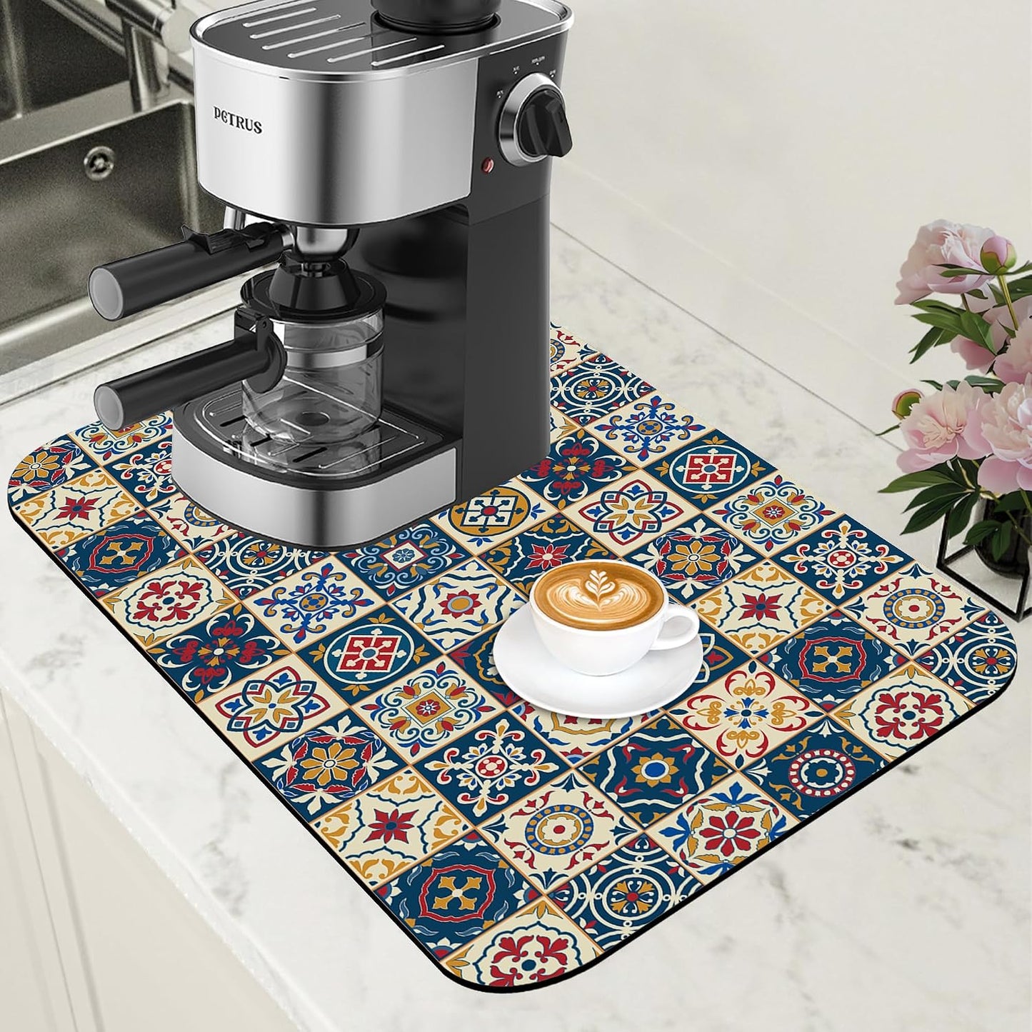 Dish Drying Mat Moroccan Tile Coffee Bar Mat for Countertop Absorbent Rubber Backed Hide Stain Dish Drainer Rack Pad Coffee Maker Espresso Machine Dining Room Decoration 11.8 x 19.7 Inch