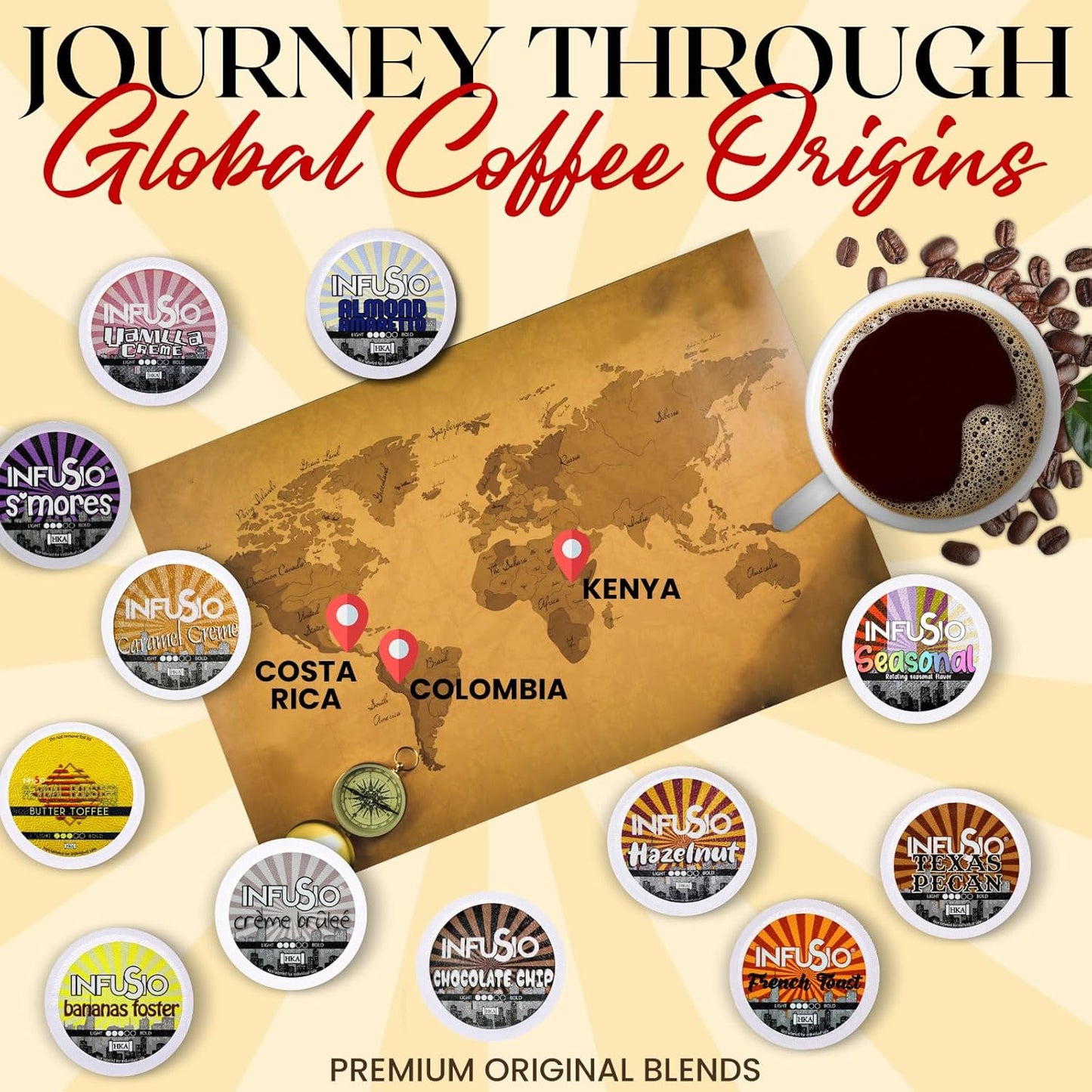 InfuSio Coffee Pods 96 Count Chocolate Chip Medium Roast Single Serve Coffee Pods for Keurig K Cups Brewers - InfuSio Premium Roasted Keurig 2.0 Compatible