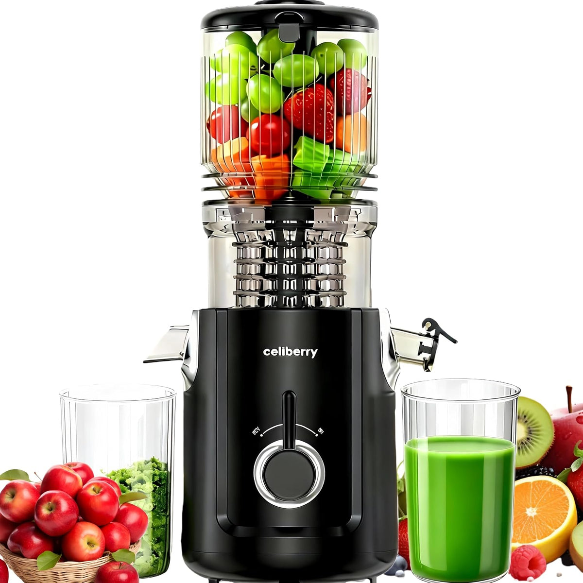 Cold Press Juicer Machines, 5.3” Large Feed Chute Slow Masticating Juicer for Whole Fruits & Vegetables, 300W Quiet Juice Extractor, Easy to Clean, Anti-Clog, No Drip, 99% High Juice Yield