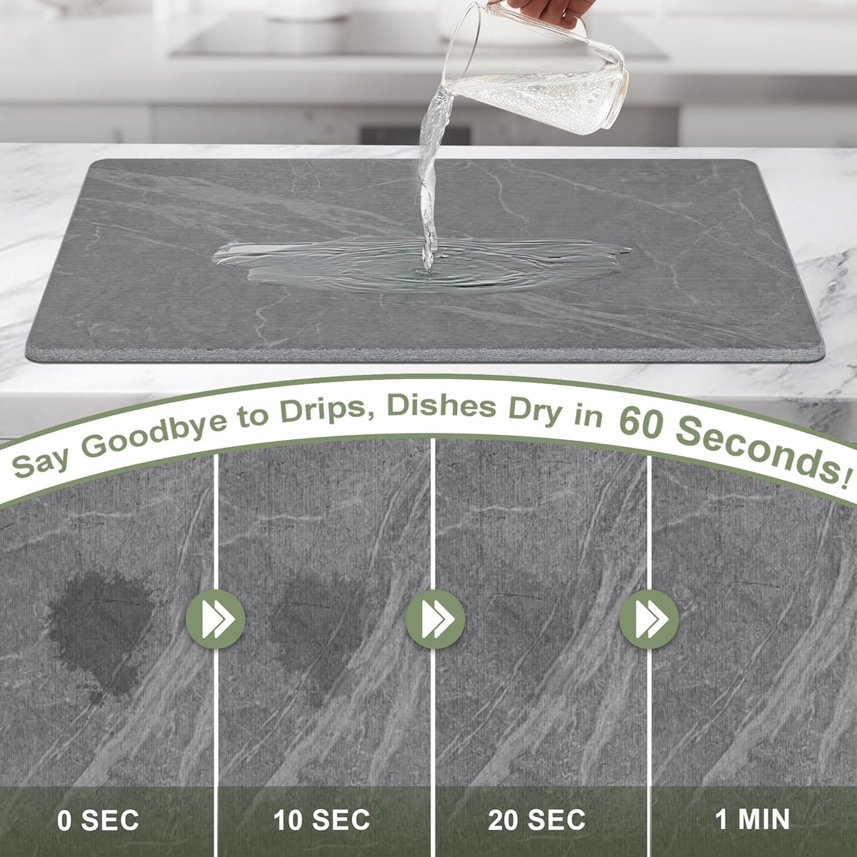 Large Stone Drying Mat for Kitchen Counter, 24" × 16" Diatomite Dish Drying Mat, Quick Dry Stone Mats, Ultra Absorbent Natural Diatomaceous Earth Mats for Dished, Bottles, Black Marble
