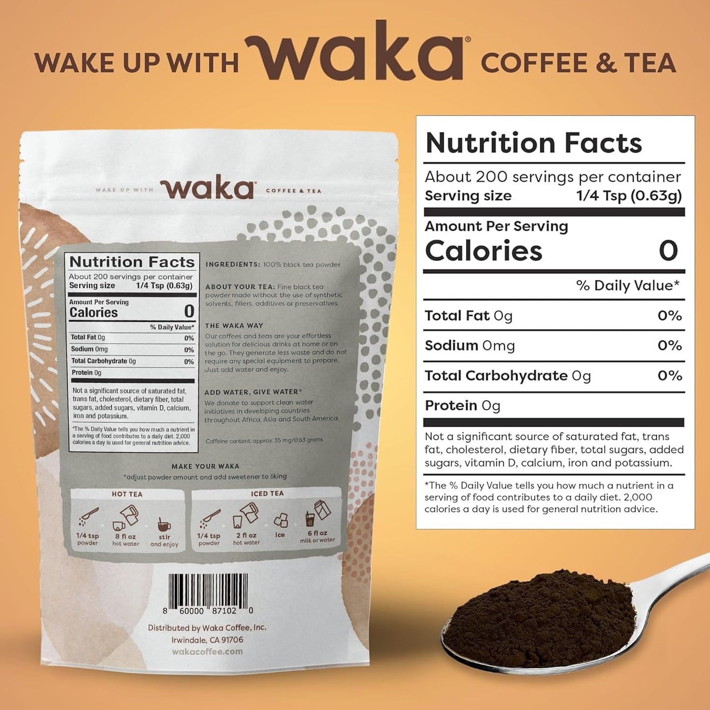 Waka Instant Black Tea Mix, Kenyan - 100% Tea Leaves, No Additives, Unsweetened Tea Powder for 50 Quarts or 200 Cups – Easy and Quick Hot or Iced Teas (4.5oz) | 100% Single-Origin Kenyan Tea Leaves, Unsweetened Concentrated Black Tea Powder, Makes up to 2