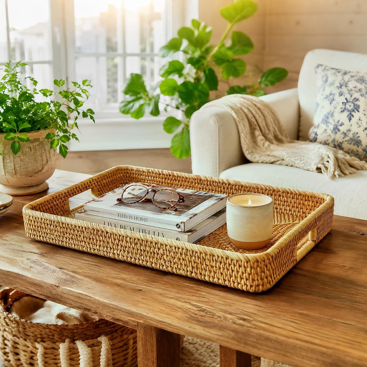 i-lan 17-Inch Large Rectangular Rattan Serving Tray with Handles | Handwoven natural wicker tray for breakfast, drinks, fruit, coffee tables and ottomans. Size: 17 x 13 x 2.4 inches.