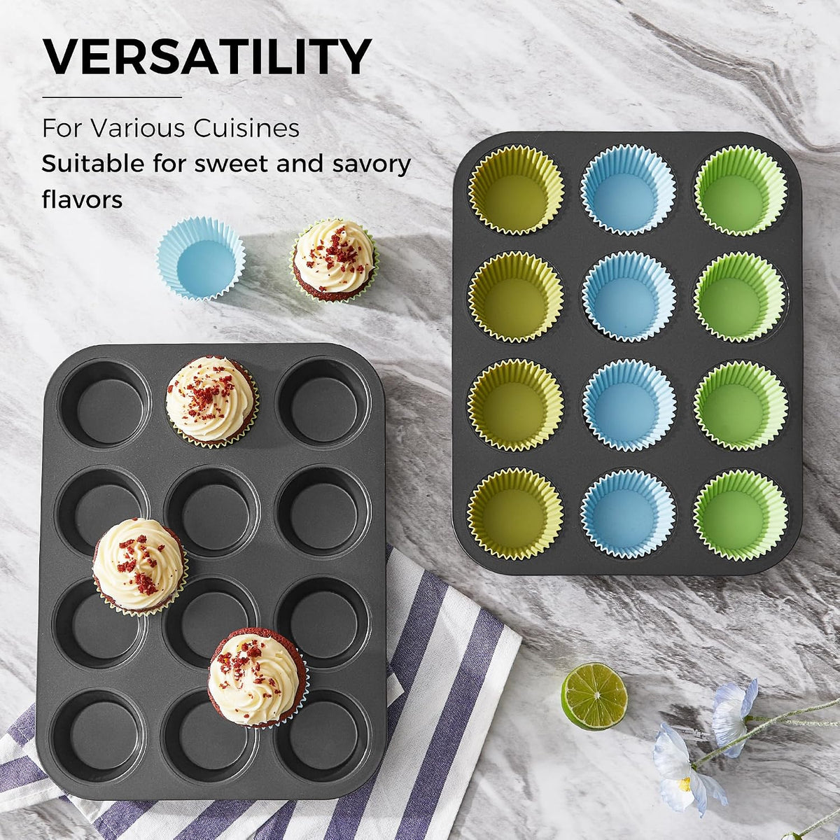 Non-Stick Muffin Pans, Cupcake Pan with Silicone Baking Cups, 2 Pack Non toxic Healthy Muffin tin, Heavy duty-Dark Grey