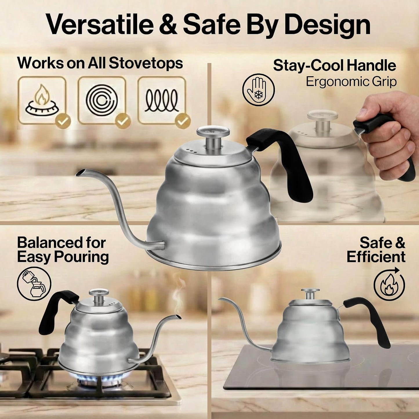 Barista Warrior Gooseneck Kettle with Thermometer - 1L Pour Over Coffee &amp; Tea Kettle, 18/8 Stainless Steel Gooseneck Kettle Pot, Precision Pour Drip Spout, Suitable for All-Stoves (34 fl oz)