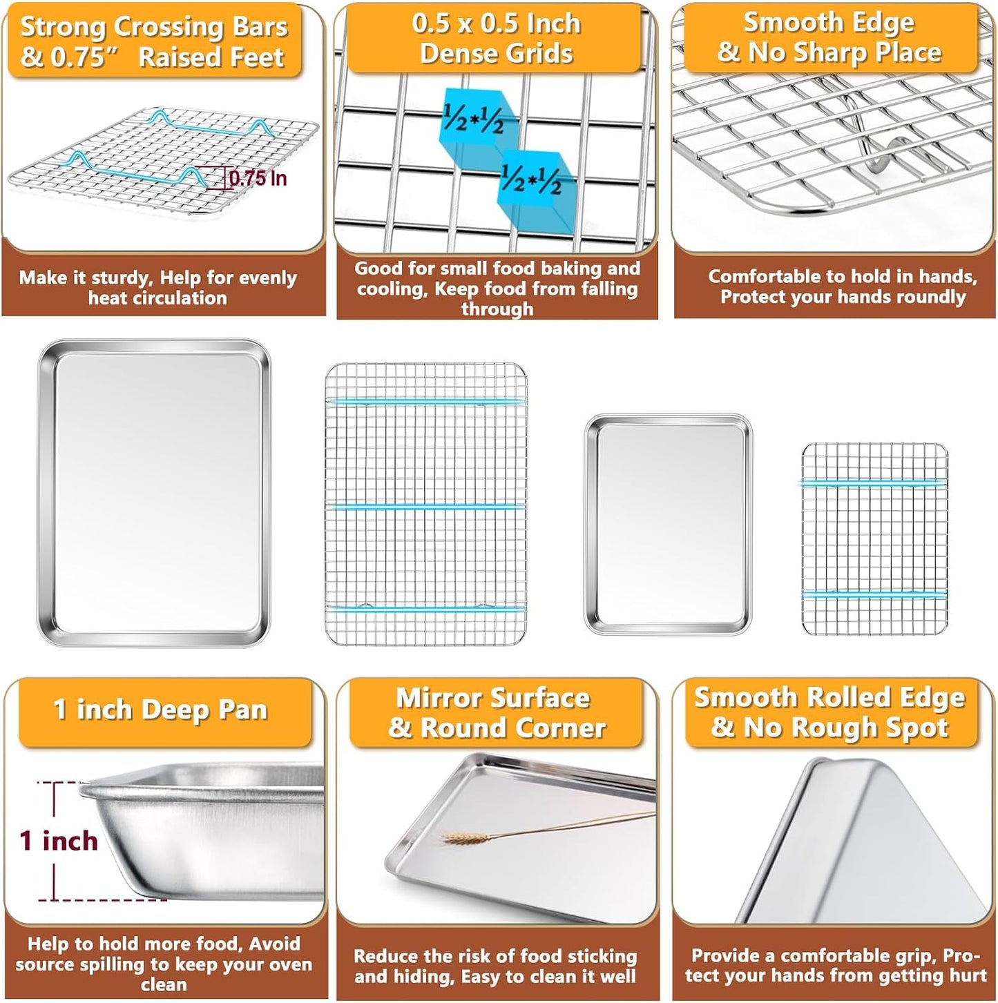 P&amp;P CHEF 16 + 10.4 Inch Baking Sheet Pan and Cooking Rack - 4 Pieces | 2x Cookie Sheet + 2x Grid Rack, Stainless Steel Oven Tray with Wire Rack for Oven Baking, Healthy &amp; Sturdy &amp; Easy to Clean