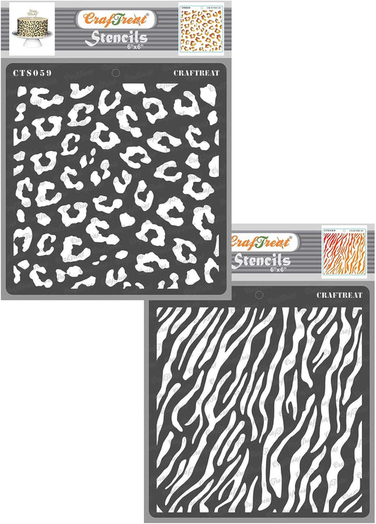 CrafTreat 2 Pcs Reusable Animal Print Stencils – Cheetah & Zebra Skin Patterns 6x6 Inch Each for Painting, Cake Decorating,