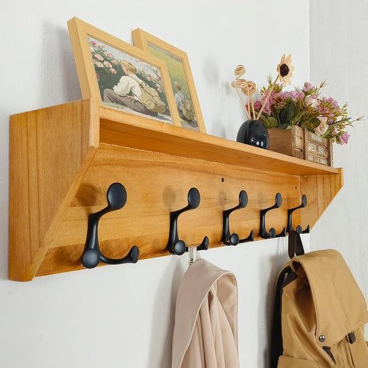 SKOLOO Wall Shelf with Hooks, 35-Inch Brown Coat Rack Wall Mount with Shelf Organizer - Lightweight & Sturdy, 5 Tri Hooks -
