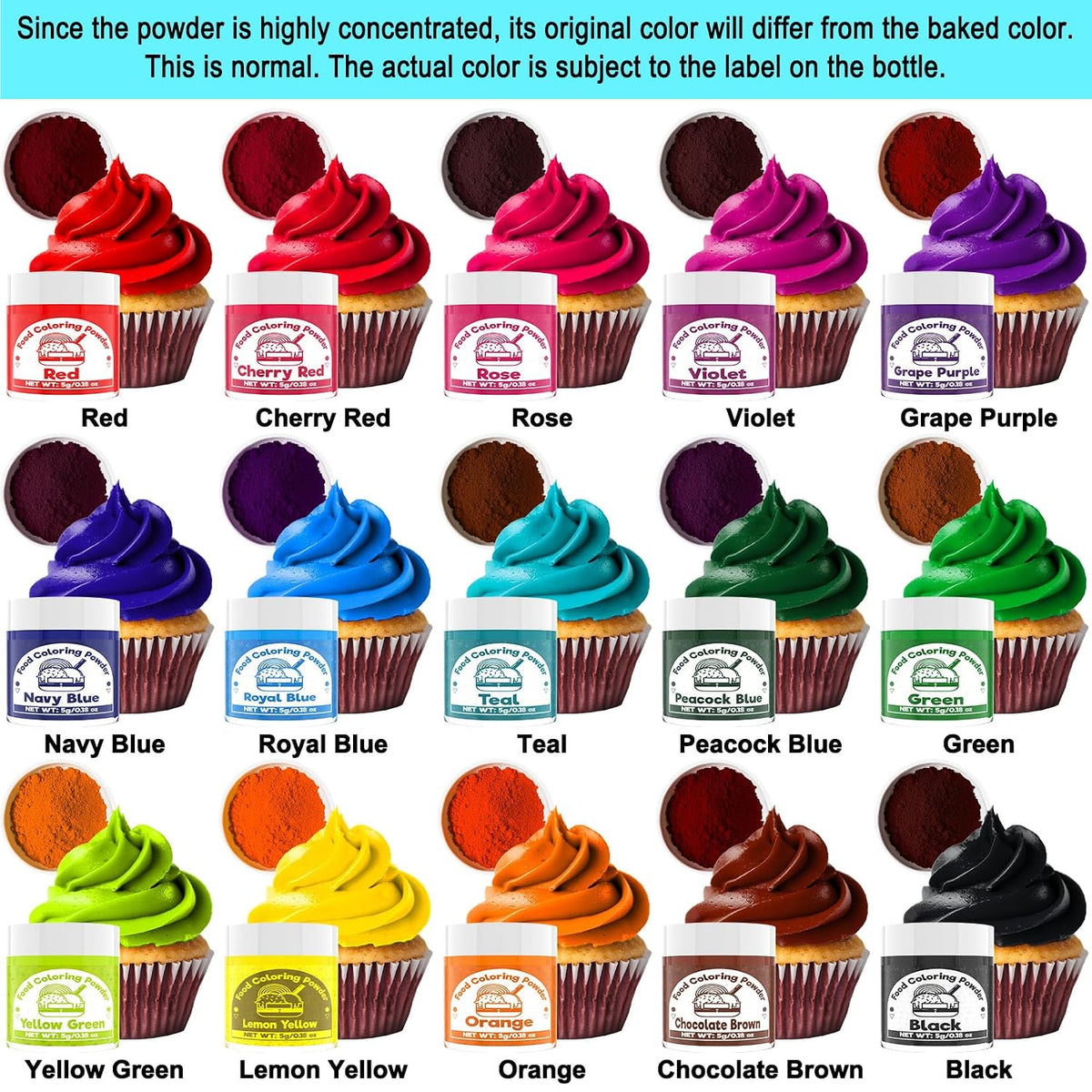 Food Coloring Powder for Baking - 15 Bright Colors Powdered Food Coloring | Flavorless High Concentrated Upgraded Food Dye for Icing, Baking, Cake Decorating, Cooking, Frosting - 5g/each