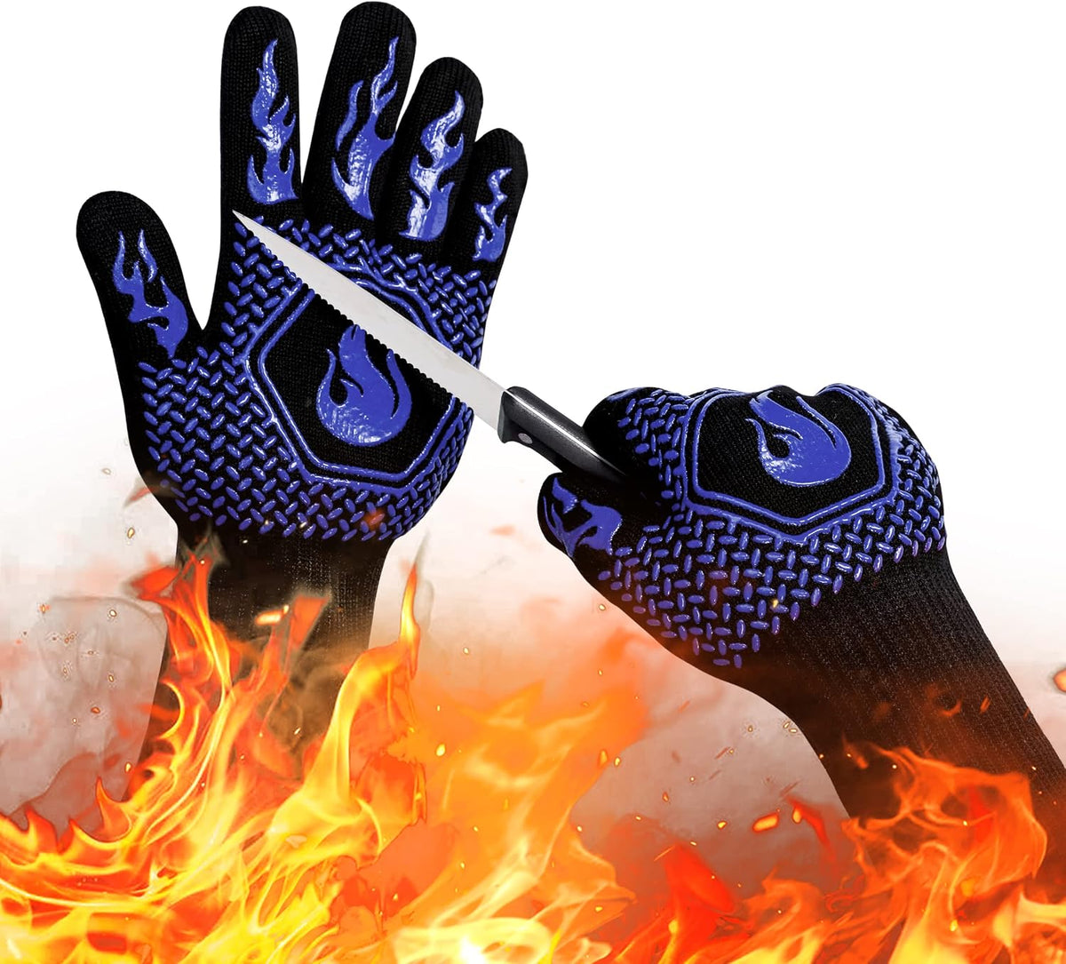 BBQ Gloves 1472F Heat Resistant Non-Slip Silicone 13.5in (Blue) | Grill Cut-Resistant, Oven Kitchen Safe for Barbecue, Cooking, Frying