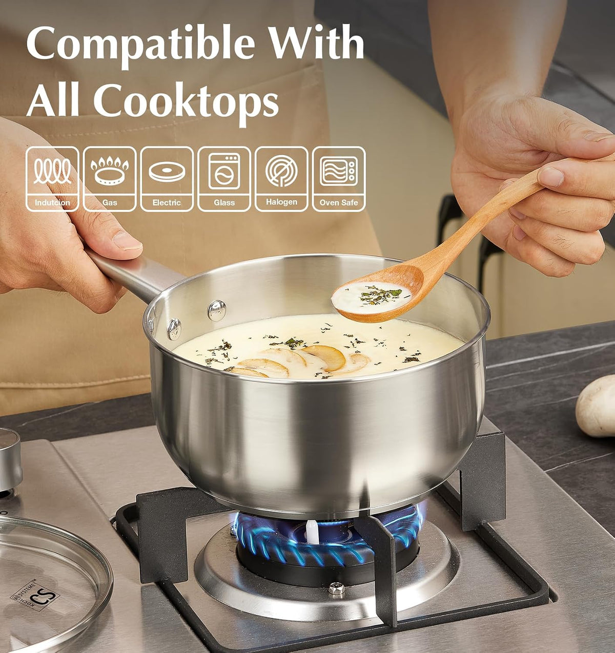 KOCH SYSTEME CS 1 Quart Stainless Steel Saucepan, 1 Quart Saucepan with Lid, Premium Steel Sauce Pan, Indutcion Sauce Pan with Lid, Small Sauce Pot, Stainless Steel Pot 1 QT, Oven Safe