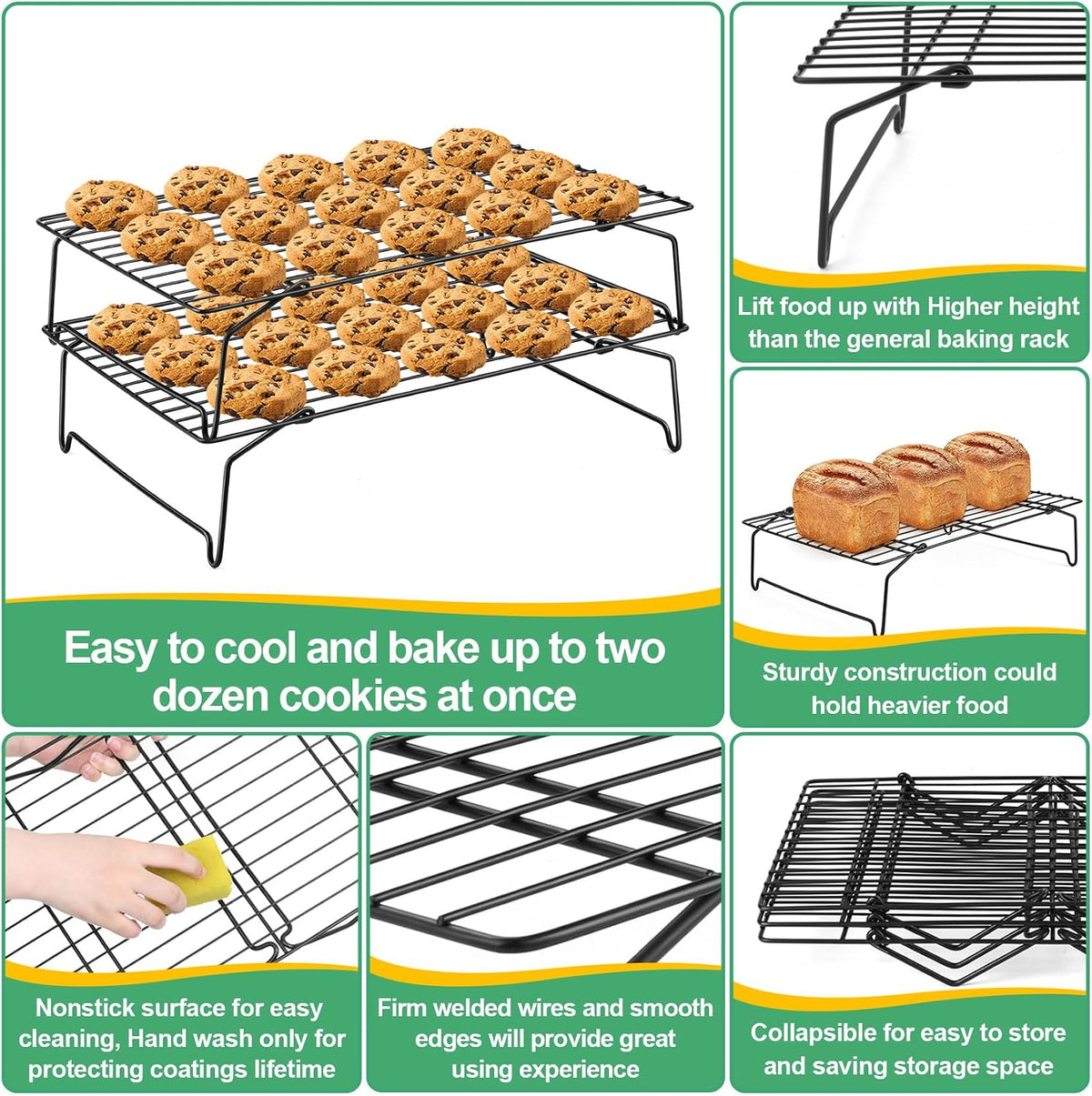 P&amp;P CHEF Cooling Rack Set of 2, 2-Tier 15" x 10" Stackable Rack, Black | Stainless Steel Stackable Wire Cooling Racks for Baking Cooking Roasting, Collapsible &amp; Heavy Duty, Oven Safe &amp; Easy Clean
