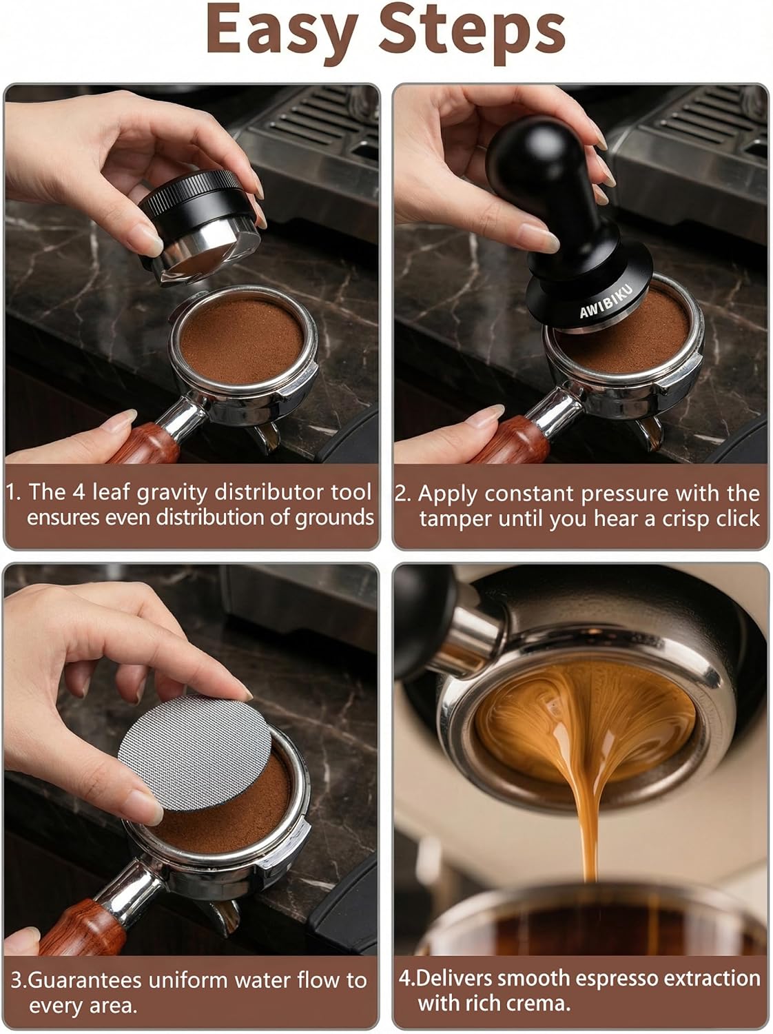 Barista Espresso Tamper 53.3/54mm, Spring Loaded Flat Base Tamper Kit | 4-Blade Coffee Distributor &amp; 316 Stainless Steel Puck Screen