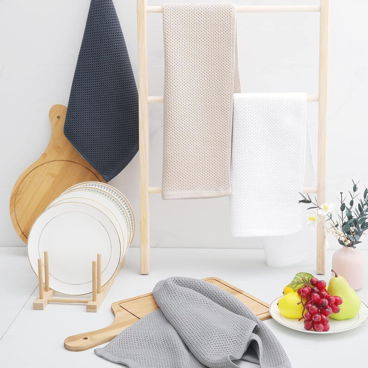 Homaxy 100% Cotton Waffle Weave Kitchen Dish Towels, Ultra Soft Absorbent Quick Drying Cleaning Towel, 13 x 28 Inches, 12-Pack, White