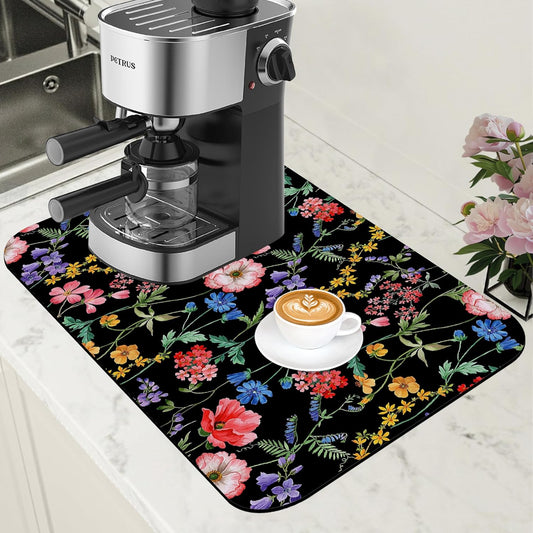 Beautiful Flowers Dish Drying Mat for Kitchen Counter Coffee Bar Mat Hide Stain Absorbent Rubber Backed Coffee Mat Coffee