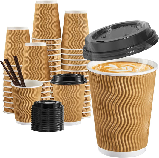 12 oz Coffee Cups-90 Pack Disposable Coffee Cups with Lids and Straws, Insulated Ripple Wall To Go Paper Coffee Cup for