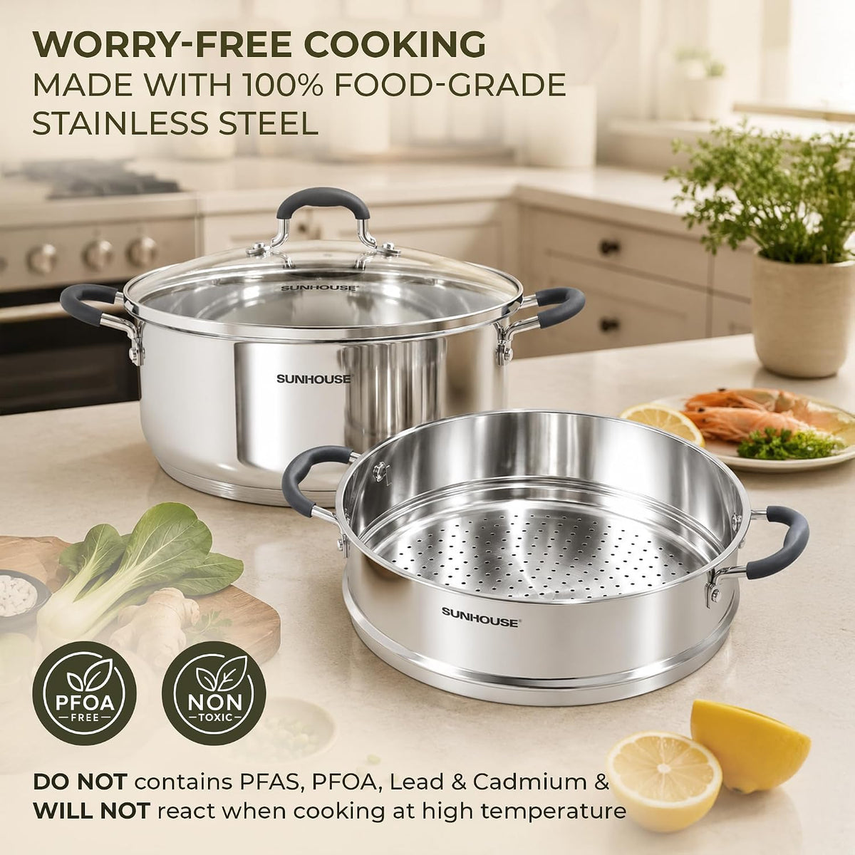 Sunhouse - 5.5 Quarts Steamer Pots With Lid 2-Tier Multipurpose Stainless Steel Steaming Pot Cookware For Vegetable, Dumpling, Sauce, Food - Triple Bottom, Measurement Line