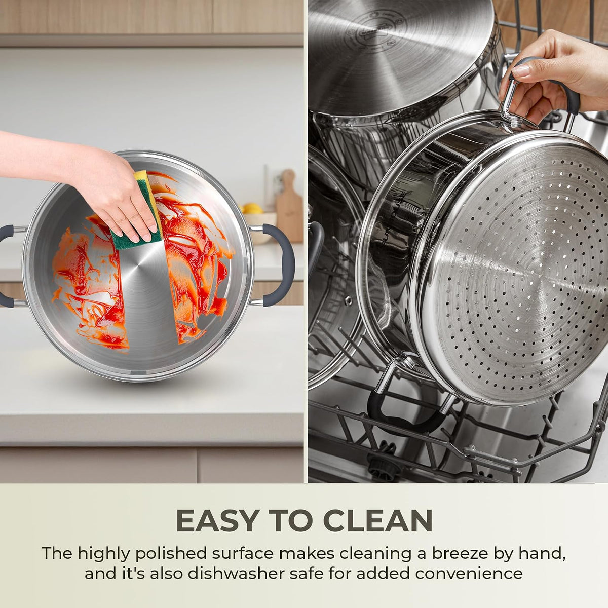 Sunhouse - 5.5 Quarts Steamer Pots With Lid 2-Tier Multipurpose Stainless Steel Steaming Pot Cookware For Vegetable, Dumpling, Sauce, Food - Triple Bottom, Measurement Line