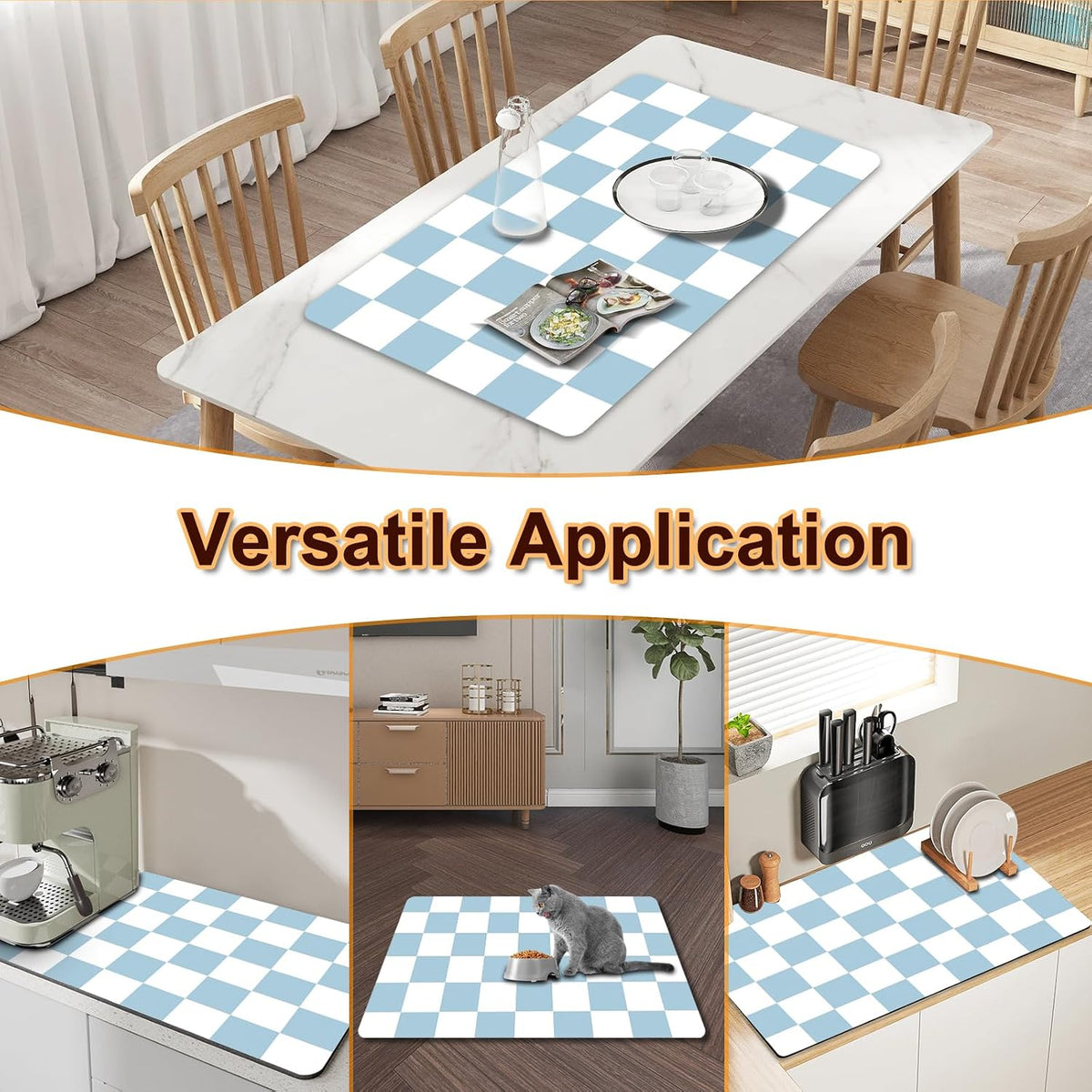 Dish Drying Mat for Kitchen, 16'' x 24'' Checkered Coffee Bar Mat for Countertops, Coffee Station Mat with Non-slip Rubber Backed, Absorbent Dish Dying Pat for Kitchen Counter, Blue &amp; White