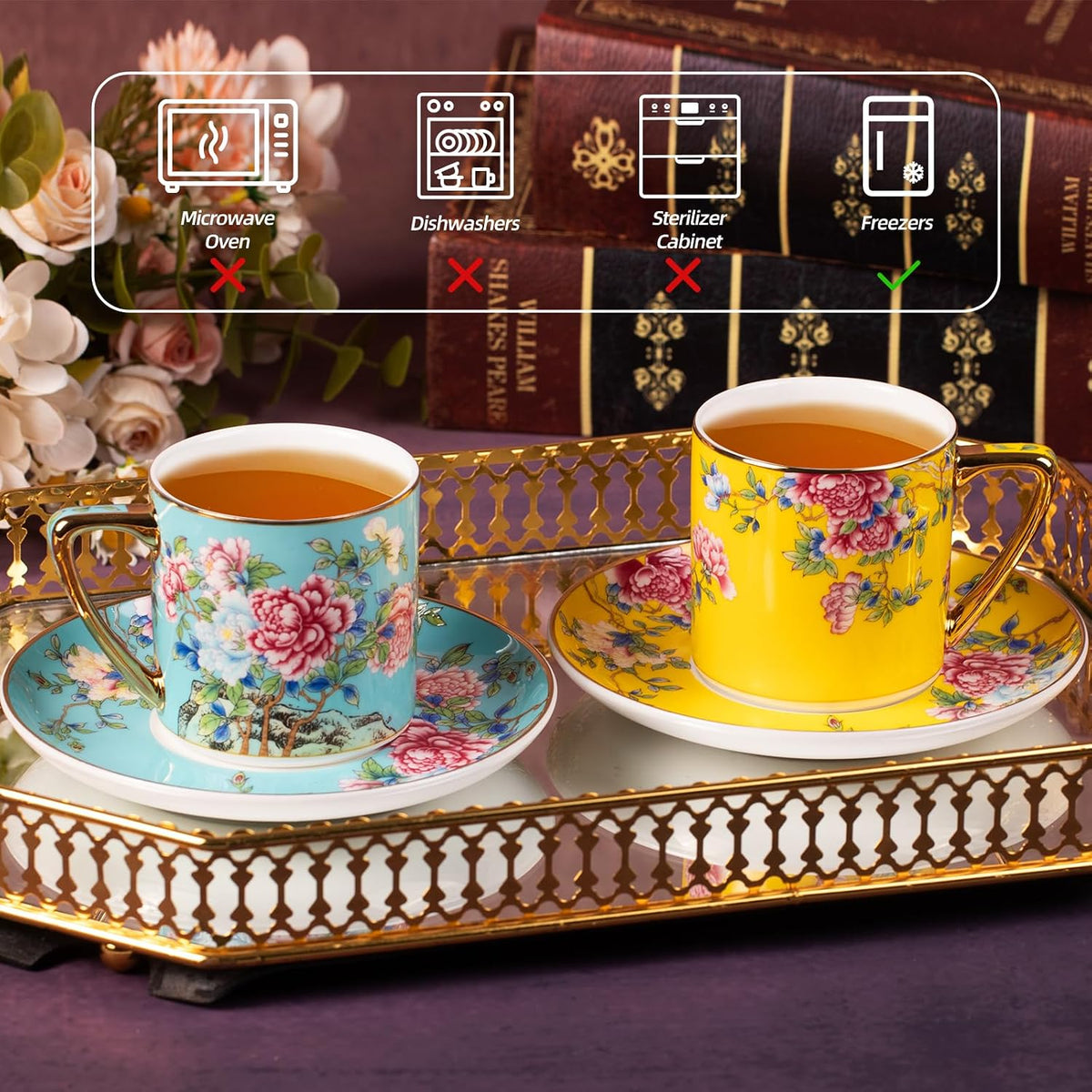 KAMMAK Tea Cup and Saucer, Ceramic Coffee Cups, 7.5 oz, Set of 2 | Porcelain Tea Cups with Saucers for Coffee and Cappuccino, Ideal for Breakfast, Afternoon Tea and Entertaining,633+634N