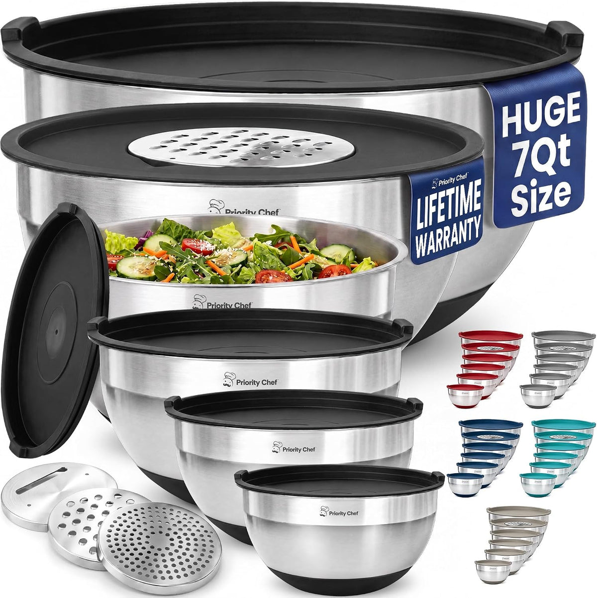 Priority Chef 6pc Stainless Steel Mixing Bowls with Lids Set