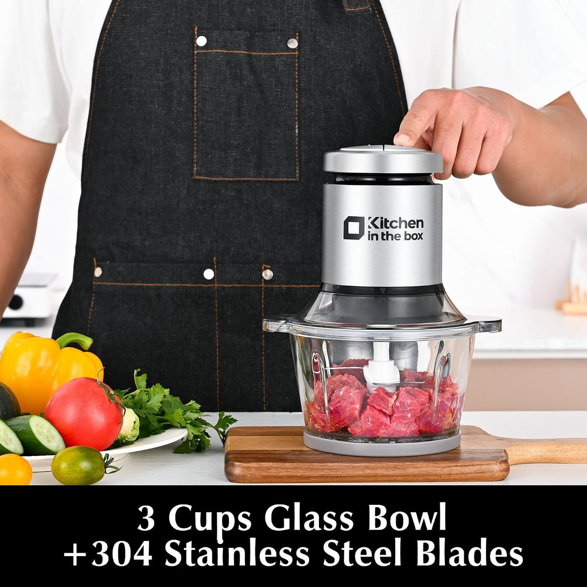 Kitchen in the box Food Processors with 400W All-Copper Motor,Small Meat Grinder & Food Chopper - Electric Vegetable Chopper with 2 8-Cups Bowls & 2 Bi-Level Blades for Meat/fish/Vegetable/Baby Food