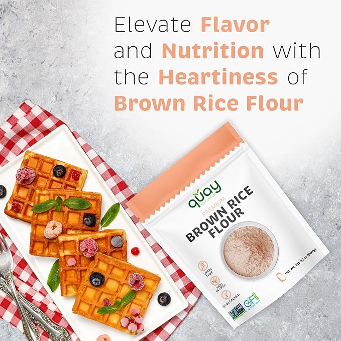 Quay Naturals Organic Brown Rice Flour Superfine 2 lb – Gluten Free, Non‑GMO, Whole Grain, Vegan Baking Flour, Stone Ground All Purpose Flour