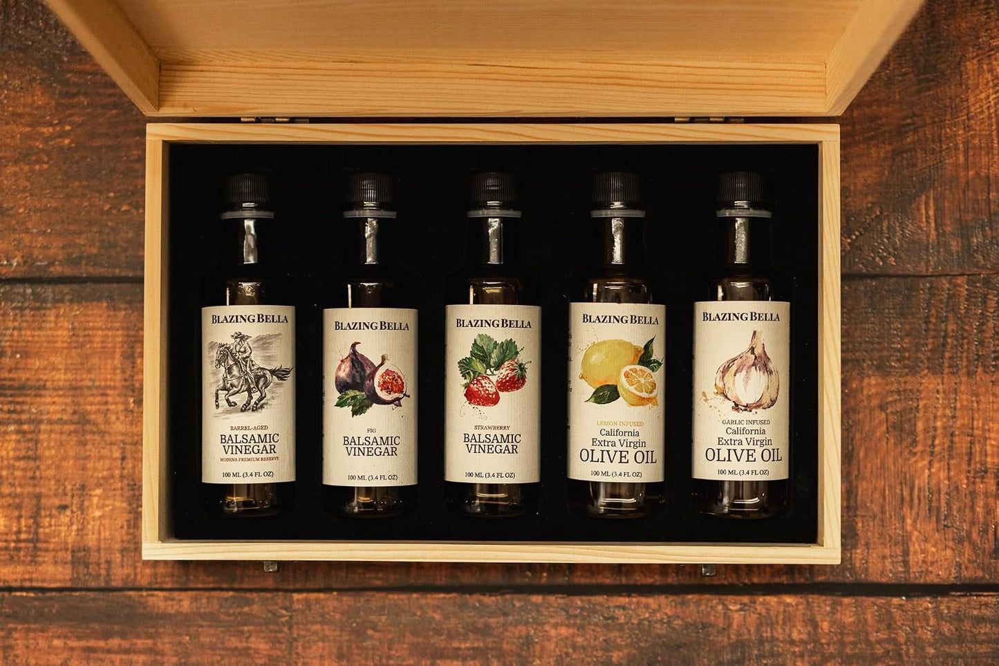 Blazing Bella Chef’s Set – Balsamic Vinegar and Olive Oil Set – Barrel-Aged Balsamic from Modena, Italy &amp; Cold-Pressed California Olive Oils – 5 Essential Flavors – 100ml Bottles