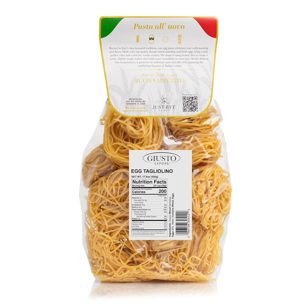 Giusto Sapore Classic Tagliolini All'Uovo Italian Egg Pasta Nest - 340g - Premium Bronze Drawn Durum Wheat Semolina Gourmet Pasta Noodles - Imported from Italy and Family Owned (Tagliolino, 1 Pack)