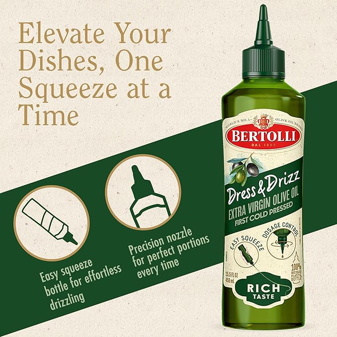 Bertolli Extra Virgin Dress & Drizz Intense Flavor, Perfect for salad dressings, marinades, and bread dipping, Naturally Gluten Free, Non-Allergenic, Non-GMO, 15.5 oz, single bottle