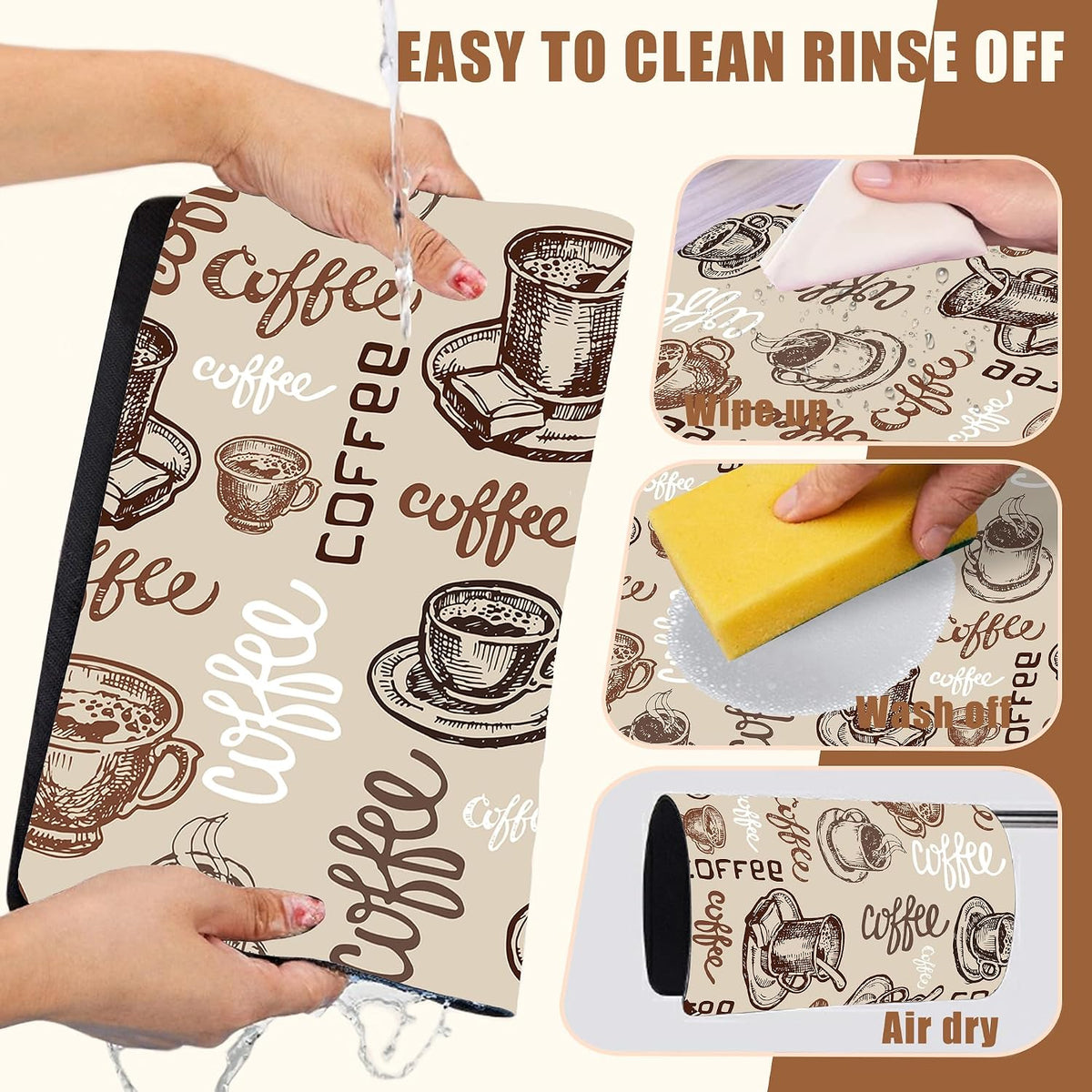 Coffee Cup Dish Drying Mat Cute Doodle Coffee Bar Mat for Countertop Absorbent Rubber Backed Hide Stain Dish Drainer Rack Pad Espresso Machine Dining Room Decoration 11.8 x 19.7 Inch