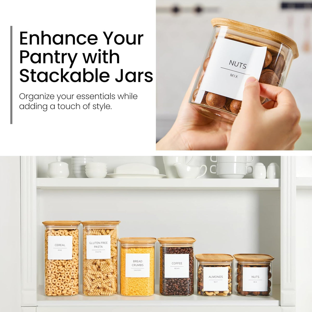 Talented Kitchen Square Glass Food Storage Containers - Airtight & Labeled Glass Kitchen Storage Containers - Space-Saving Stackable Square Pantry Jars - Pack of 6, 24/37/51 fl oz