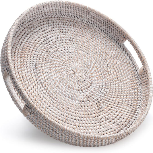 13.8 inch Round Rattan Tray, Decorative Coffee Table Tray, Ottoman Tray, Woven Serving Tray with Handles, Wicker Serving