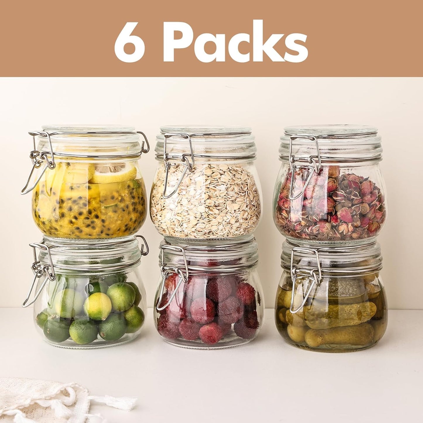 Liuruiyu 16oz - 6 Pack Round Glass Jars with Airtight Lid, Wide Mouth Mason Jars with Clamp Lids, Air Tight Glass Canisters, Food Storage Containers for Cereal, Pasta, Beans, Sugar, Coffee, Spice