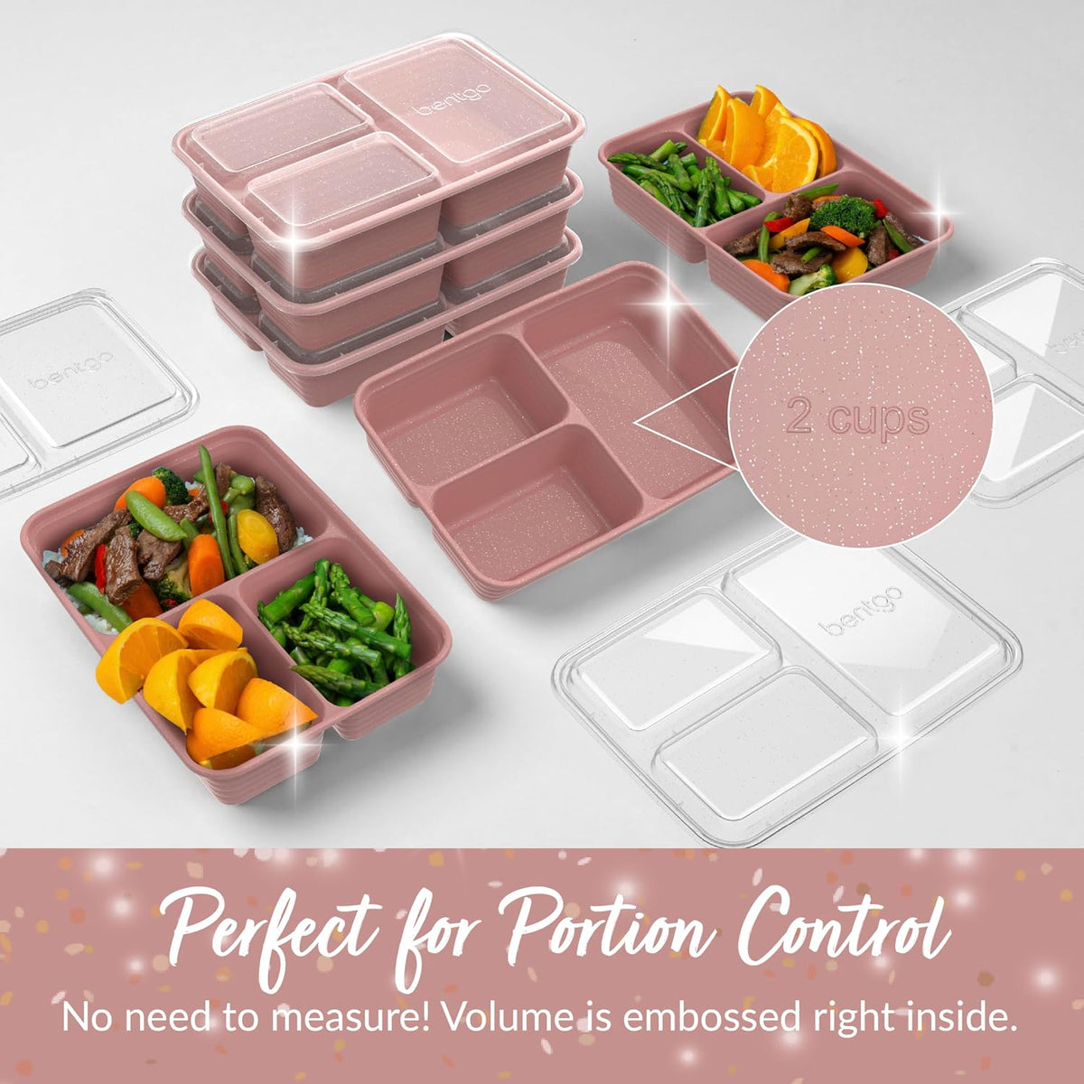 Bentgo Prep - 20-Piece 3-Compartment Reusable Meal Prep Containers with Lids, PFAS & BPA Free Materials, Durable, Microwave, Freezer, & Dishwasher Safe To Go Food Storage (Rosette Glitter)