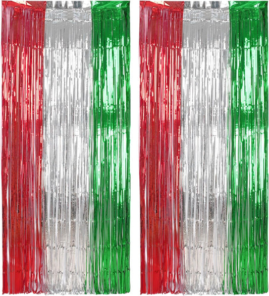 BRAVESHINE 2 Pack Fringe Backdrop Red Silver Green Christmas Party Decorations 3.2 x 6.6 ft Tinsel Foil Curtain Party