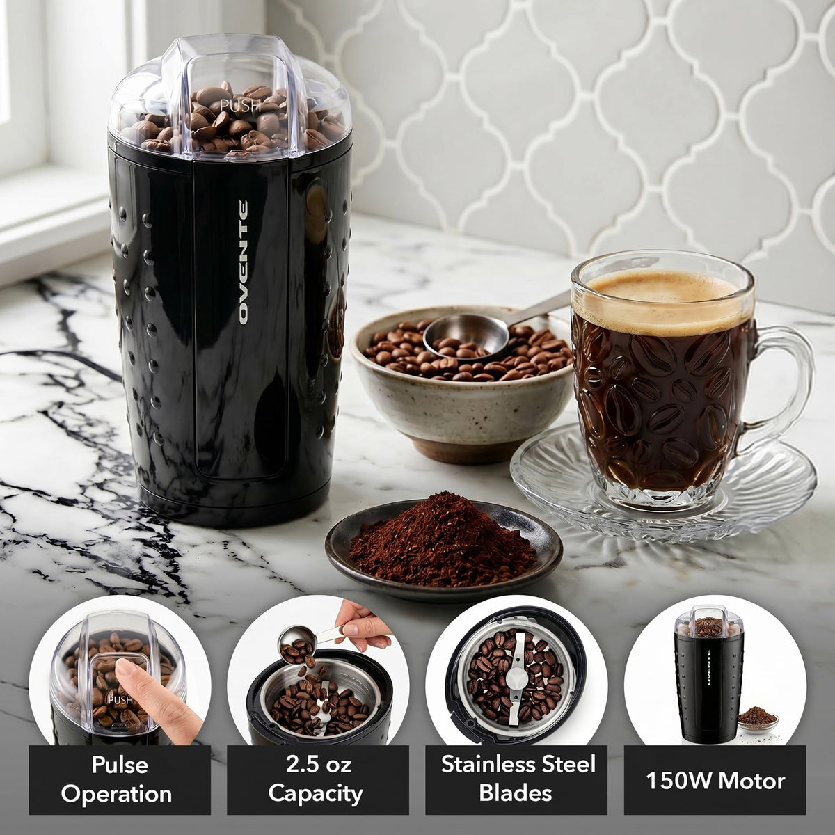 OVENTE Electric Coffee Grinder with One Touch Push-Button, Black CG225B