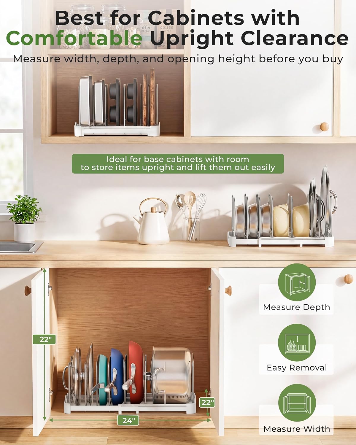 EVERIE Pot Lid Organizer, Adjustable 12.6"-21.5" Bakeware Rack for Cabinet