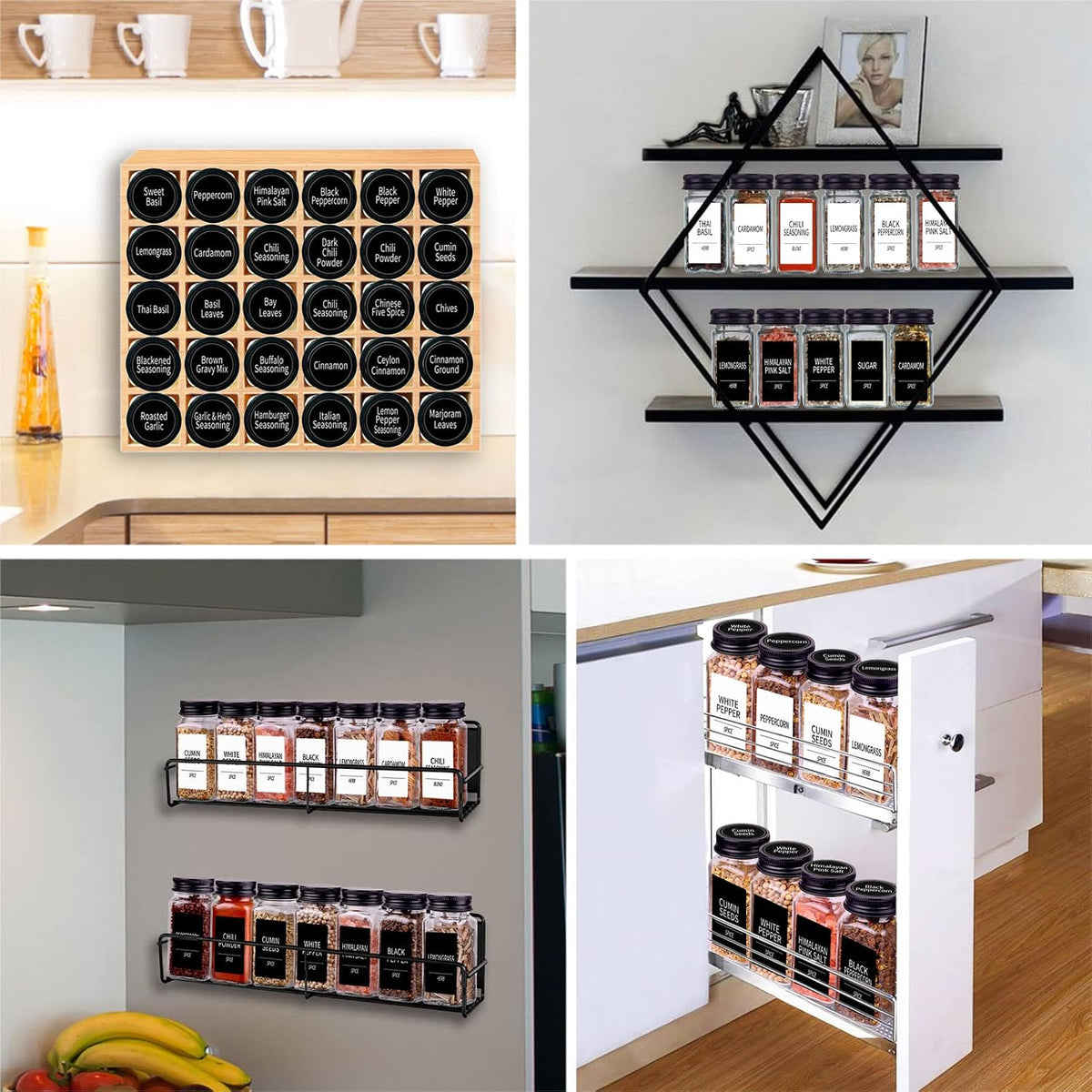 Churboro 25 Spice Jars with 547 Labels- Glass Spice Jars with Black Metal Caps, 4oz Empty Spice Containers with Shaker Lids, Funnel, Chalk Pen, Square Seasoning Bottles for Spice Rack, Drawer, Cabinet