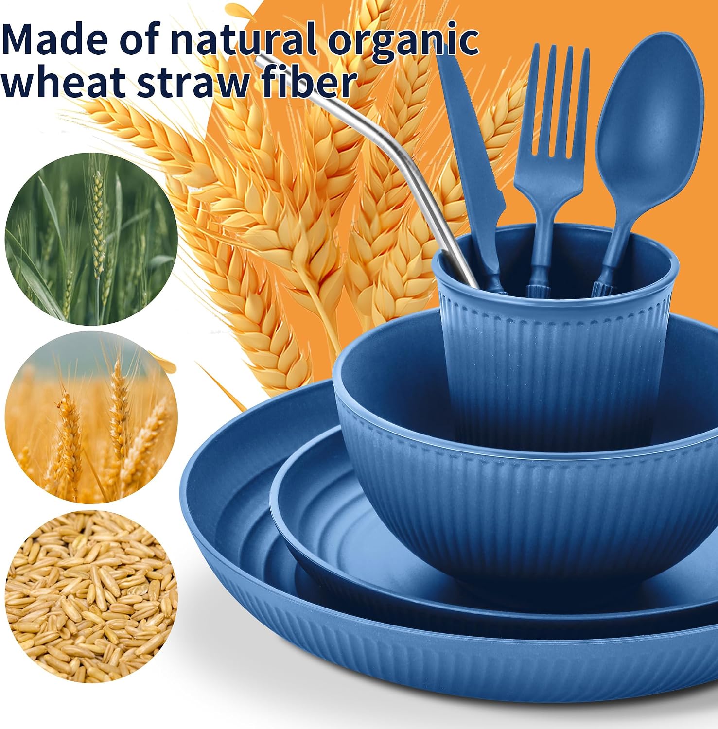 Wheat Straw Dinnerware Sets,64-Piece Plates and Bowls Sets for 8-Unbreakable,Reusable Plastic Dish Set-Dinner Plate/Dess