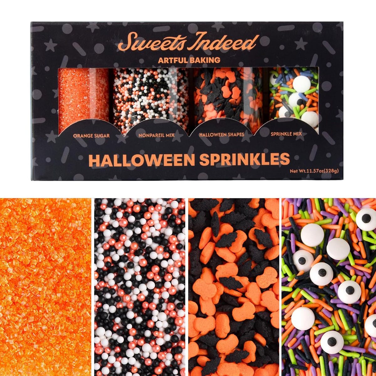 Sweets Indeed Halloween Sprinkles 4 Pack, Sugar &amp; Candy Eyeballs 11.57oz