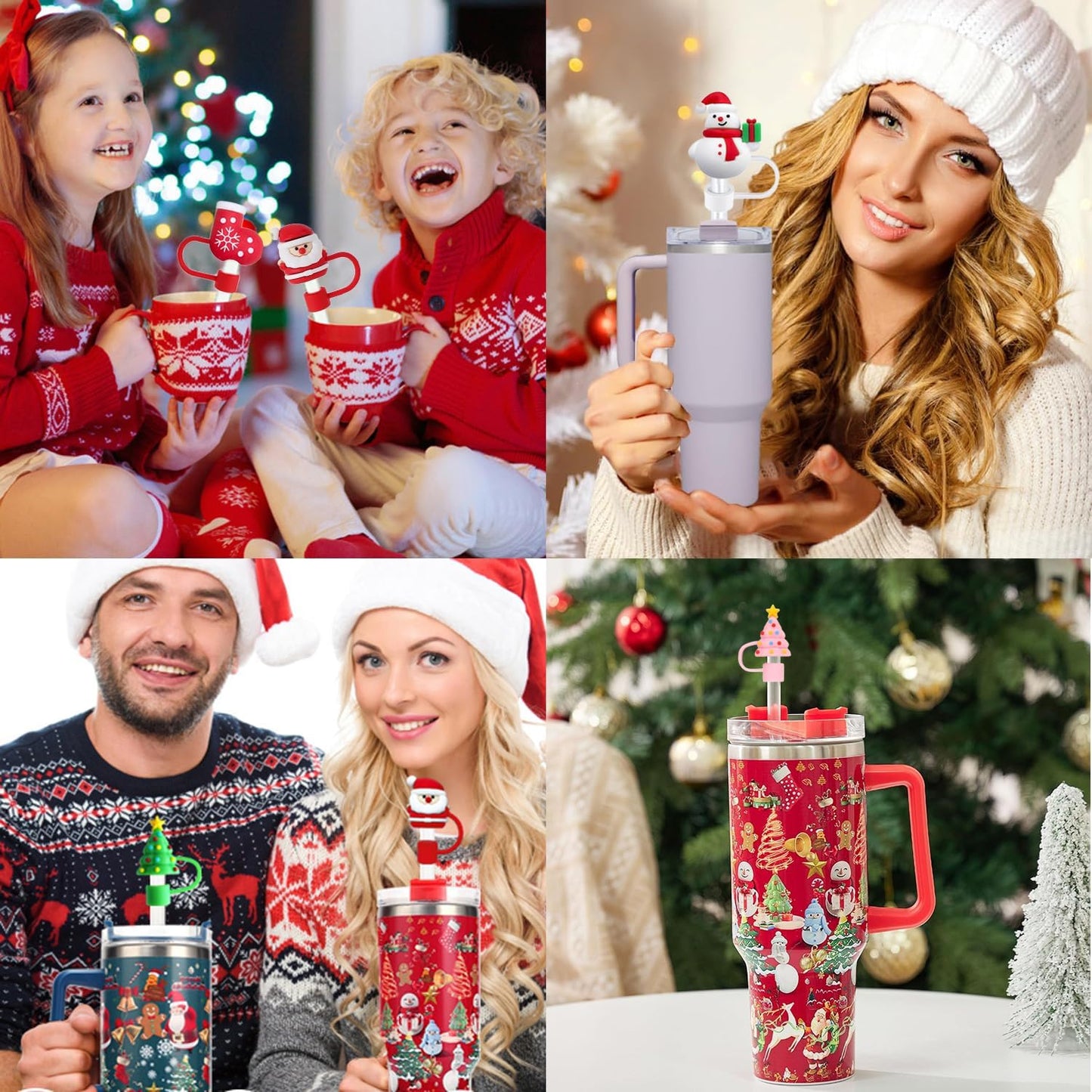 8PCS Christmas Straw Toppers for Stanley Cup Holiday Straw Cover for Stanley 30oz &amp; 40oz Tumbler with Handle,10 mm Silicone Straws Topper Cap for Party Favor