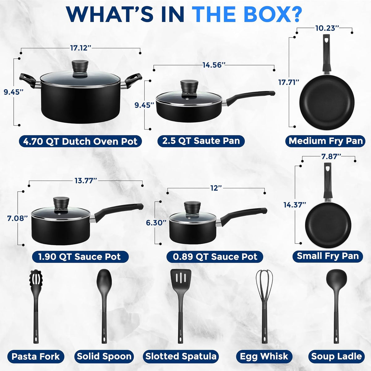 15-Piece Nonstick Kitchen Cookware Set - PTFE/PFOA/PFOS Free Heat Resistant Lacquer Kitchen Ware Pots Pan Set w/Bakelite Handles, Saucepan, Frying Pans, See-through Lid - SereneLife SLCW15BLK (Black)