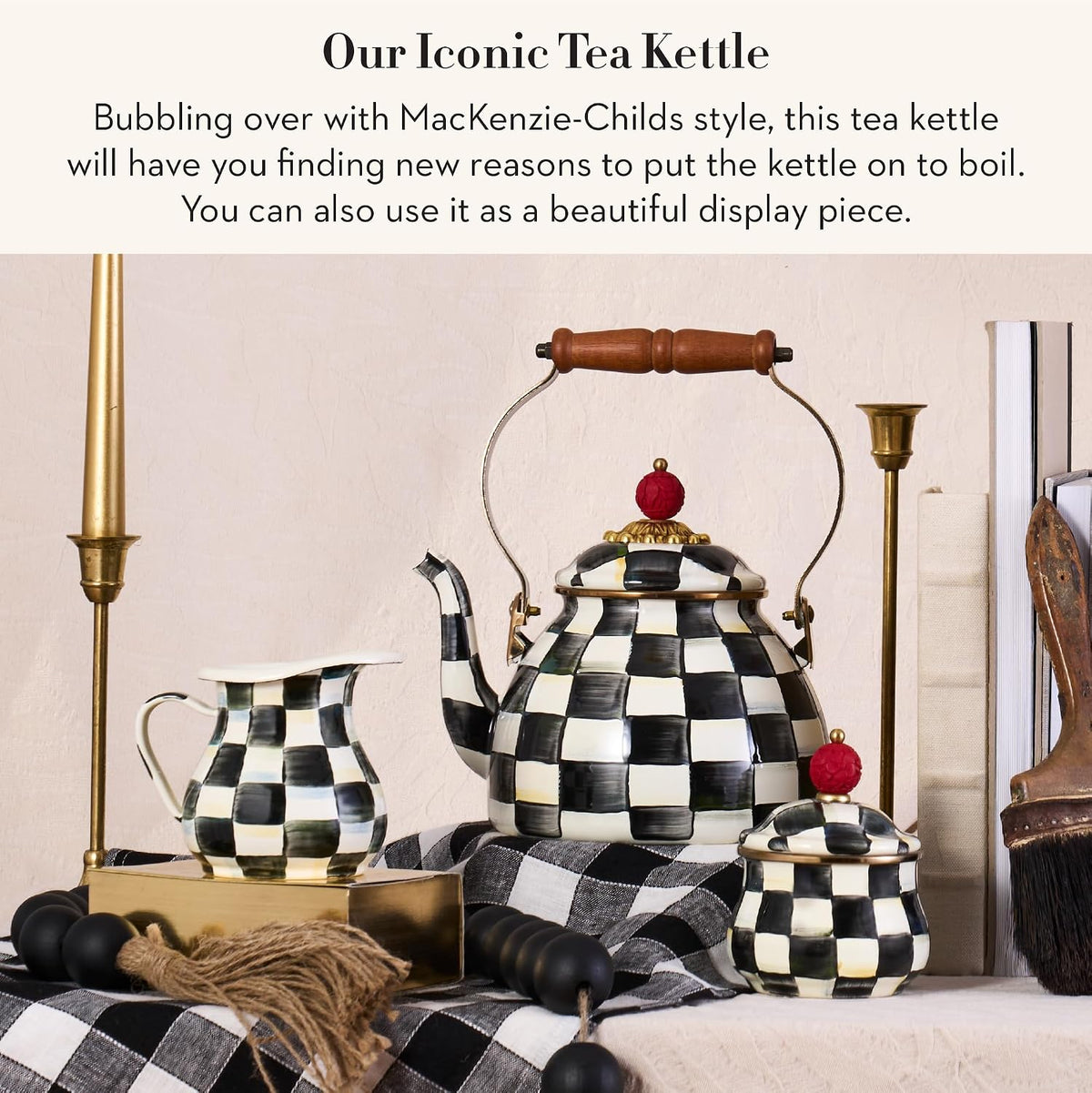 MACKENZIE-CHILDS Tea Kettle, 2 Quarts, Black-and-White Courtly Check