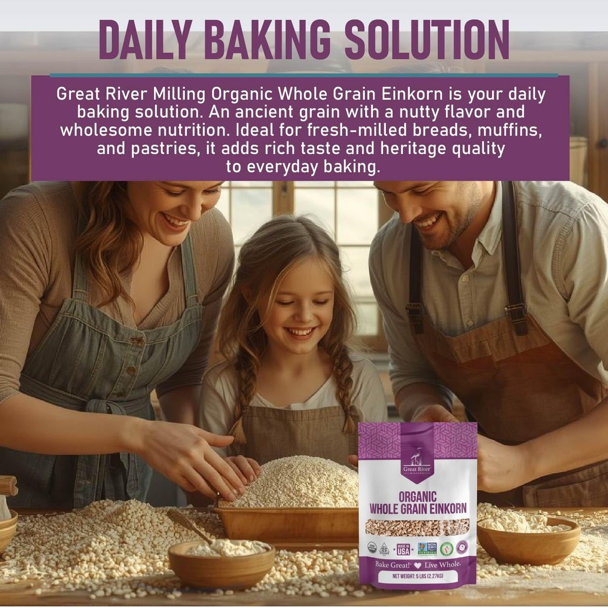 Great River Milling Organic Einkorn Wheat Berries, Ancient Grain, 5 lb | Organic Einkorn Wheat Berries for home-milled flour, bread, sourdough, soups, salads and grain bowls; chewy cooked grain or