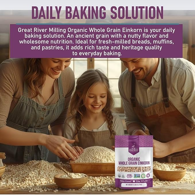 Great River Milling Einkorn Wheat Berries | Whole Grain Ancient Wheat | Non-GMO, High-Protein, Kosher | Mill at Home as All-Purpose Flour Alternative for Baking & Cooking | 5 Lb
