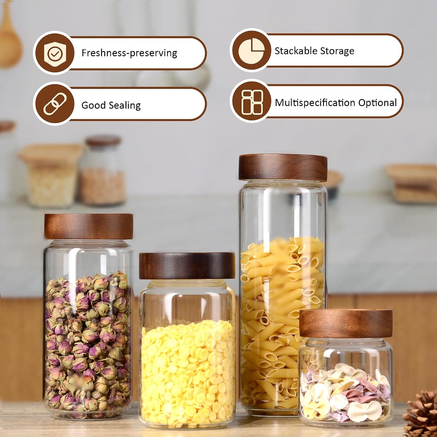 24 fl oz/710 ml Glass Jar with Airtight Wooden Screw Top Lid, Clear Stackable Food Storage Canister, Medium Cute Decorative Glass Container for Coffee, Candy, Cookie, Sugar, Oatmeal, Spice