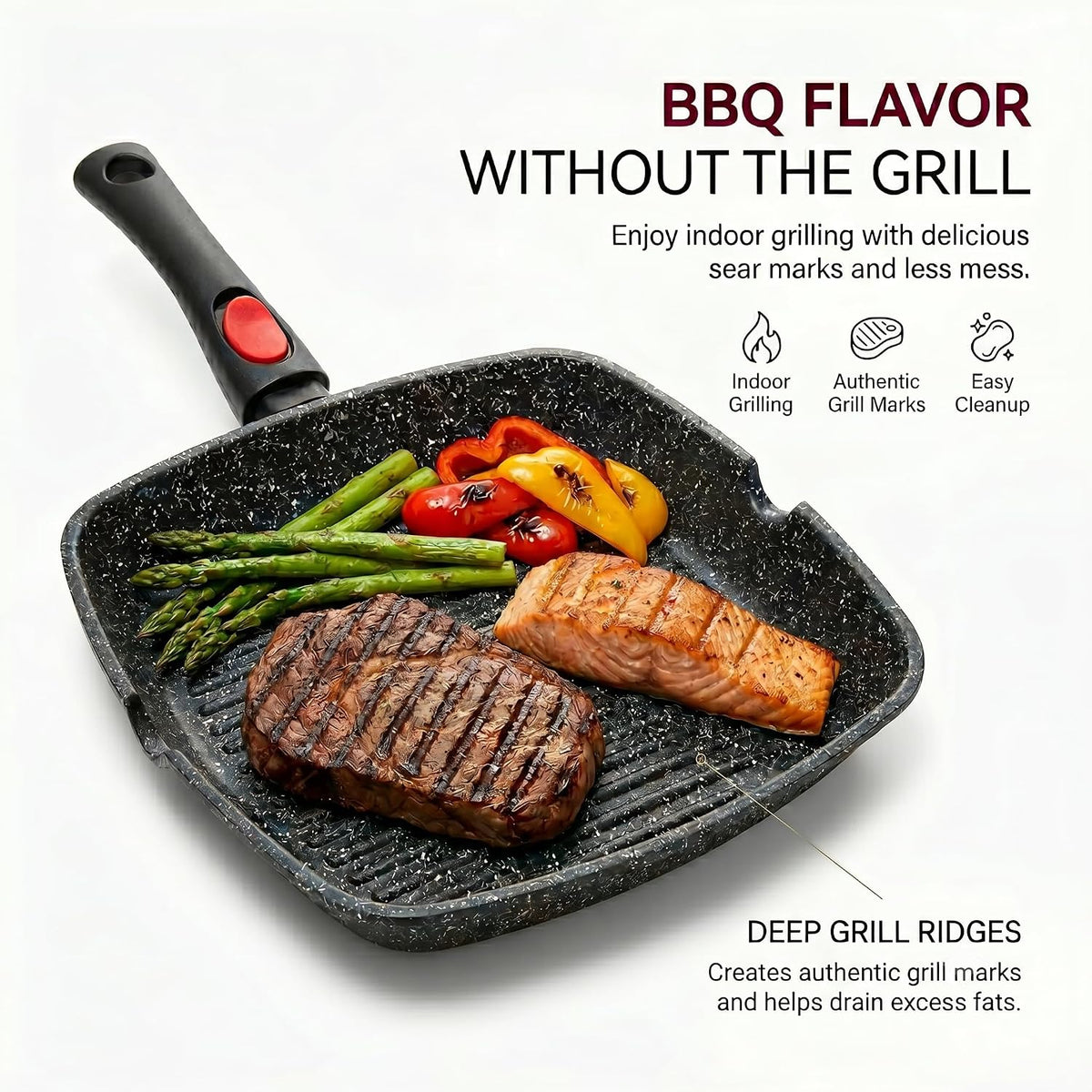 Moss & Stone Square Grill Pan for Indoor Cooking, 11-Inch Nonstick Griddle Skillet with Removable Handle, RV Die-Cast Aluminum Stove Top Grill Pan for Meats & Vegetables, Detachable Handle