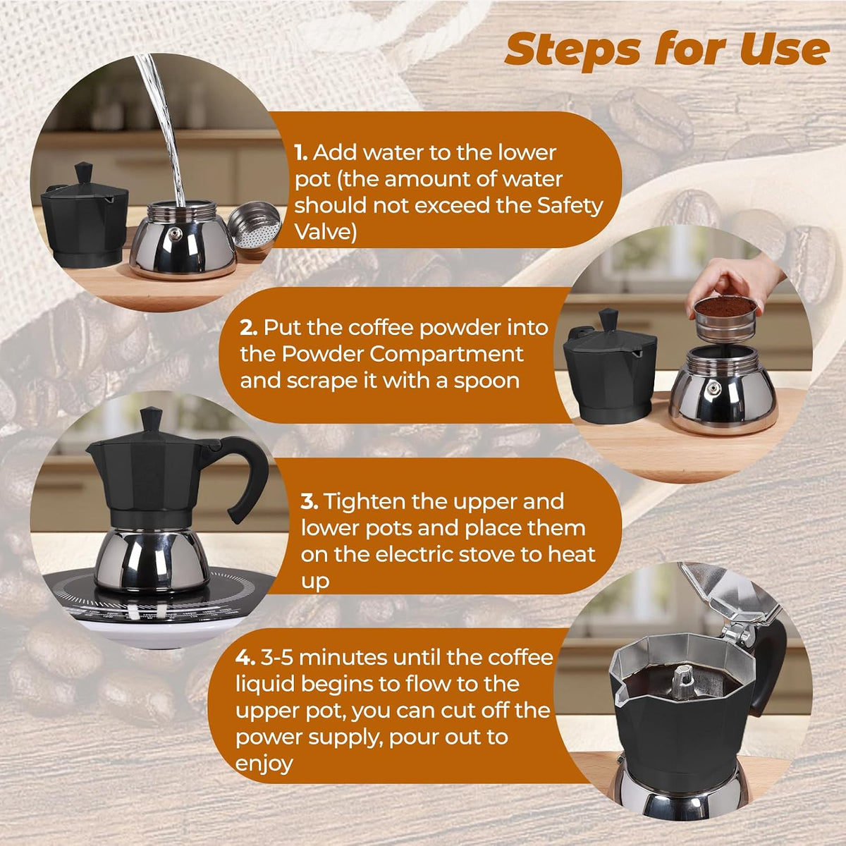 No Coating 6 Cup Aluminum and Stainless Steel Moka Pot Stovetop | Espresso Maker Italian Coffee Machine 350ml 11.84oz Suitable for Gas Induction Stovetop Greca Coffee Maker Black